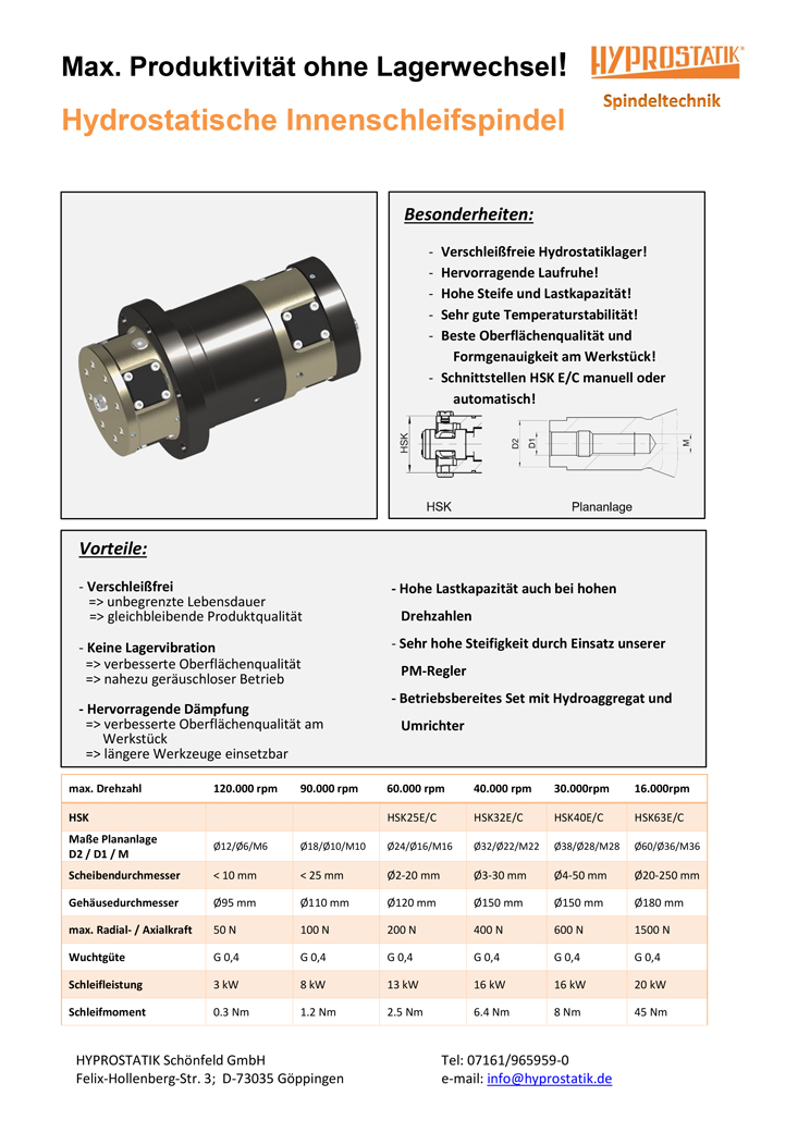 Cover page of flyer Hydrostatic internal grinding spindle