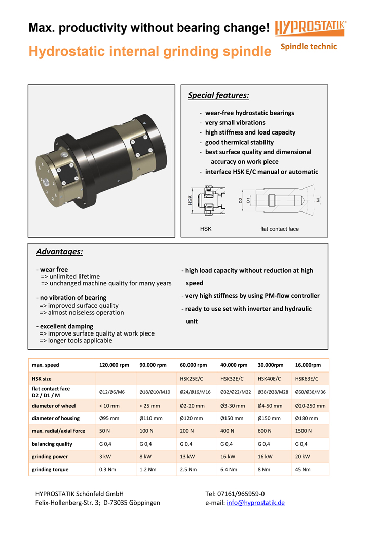 English cover page of Flyer Hydrostatic internal grinding spindle